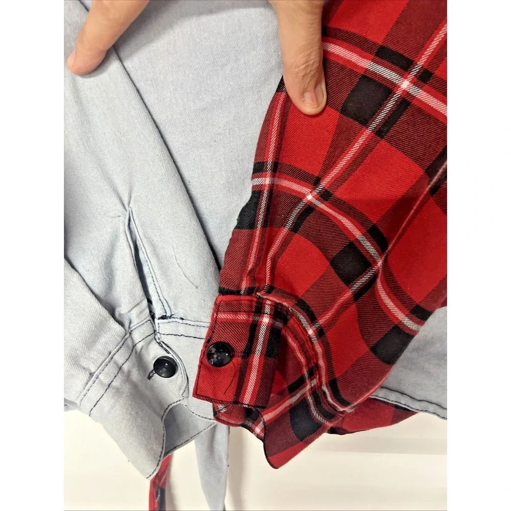 Half Plaid Half Denim Womens 100% Cotton XL Tie Front Grunge Festival Shacket